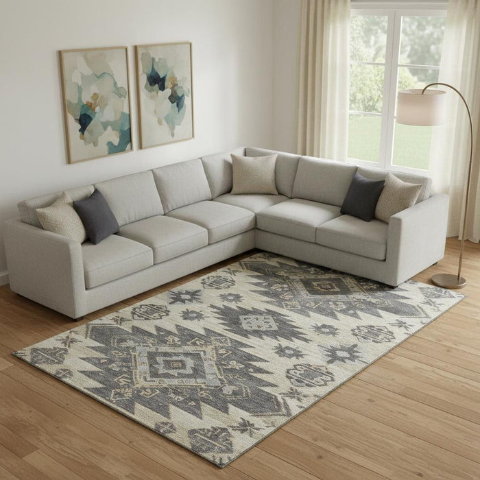 10' X 14' Tribal Washable Area Rug With UV Protection (708988) - Beige / Charcoal / Gray