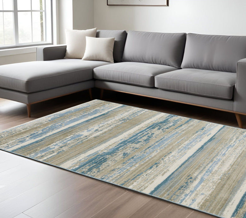 10' x 13' Abstract Power Loom Stain Resistant Area Rug With Fringe - Ivory Beige Gray Blue And Tan