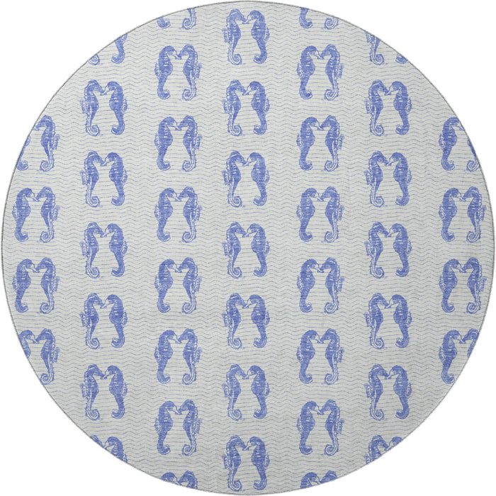 8' Coastal Geometric Washable Round Rug With UV Protection - Blue And Ivory