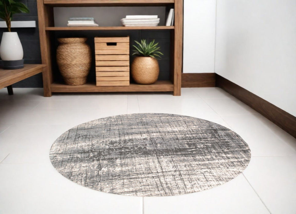 4' x 4' Round Abstract Non Skid Area Rug - Gray And White