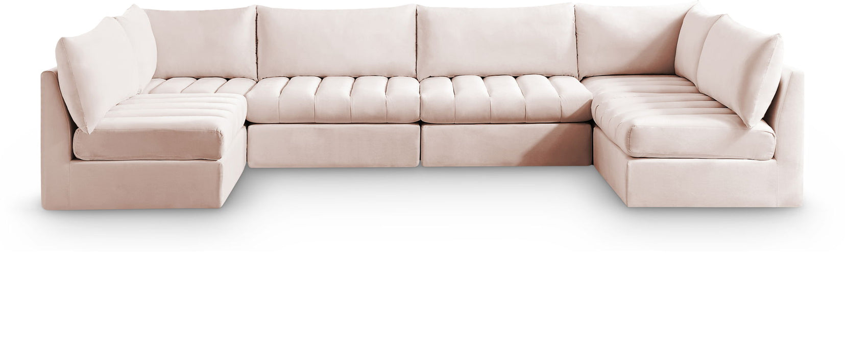 Meridian Furniture Jacob modular U-shaped sectional with six stationary sectional pieces, upholstered in neutral fabric.