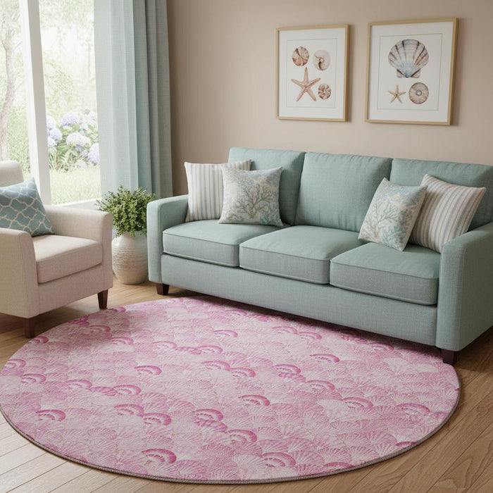8' Geometric Washable Round Rug With UV Protection (645717) - Pink / Ivory
