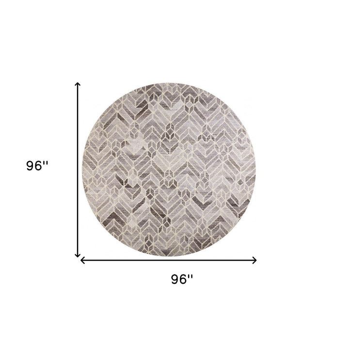 8' Round Wool Geometric Hand Tufted Area Rug - Gray And Ivory