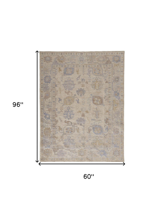 5' x 8' Floral Hand Knotted Stain Resistant Area Rug - Tan Orange And Blue
