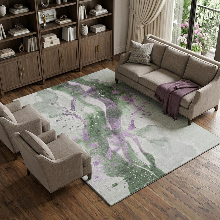 10' X 14' Abstract Washable Area Rug With UV Protection (694200) - Artichoke Green / Lavender / Ivory