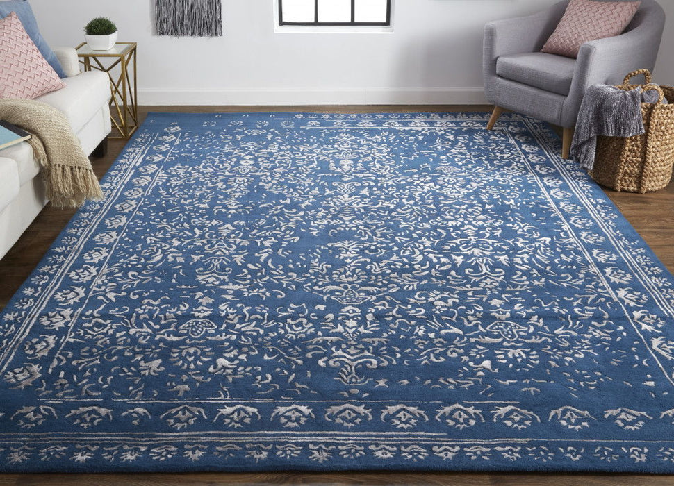 8' x 10' Wool Floral Tufted Handmade Distressed Area Rug - Blue And Silver