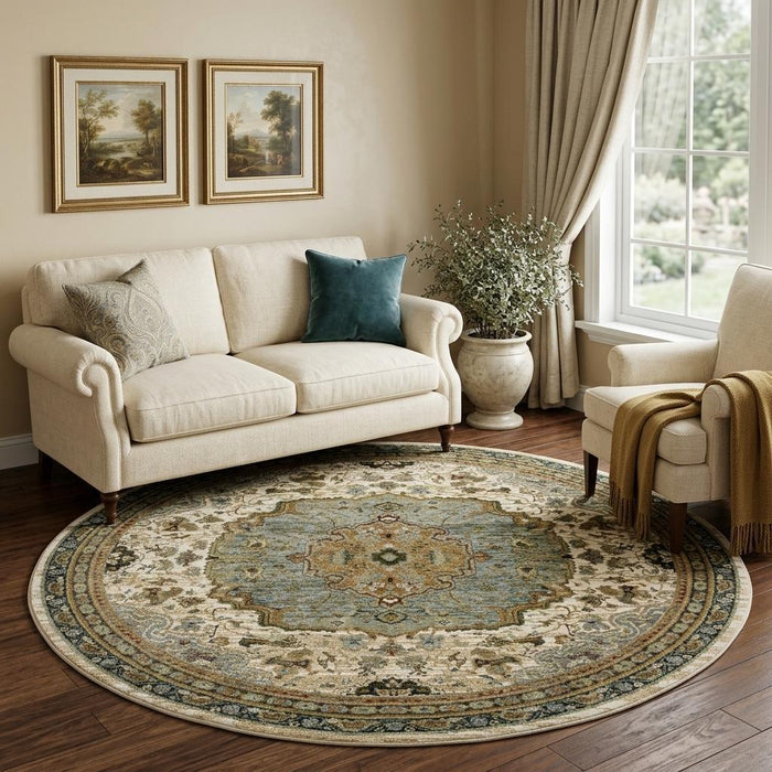 8' Oriental Round Rug (576128) - Ivory / Blue