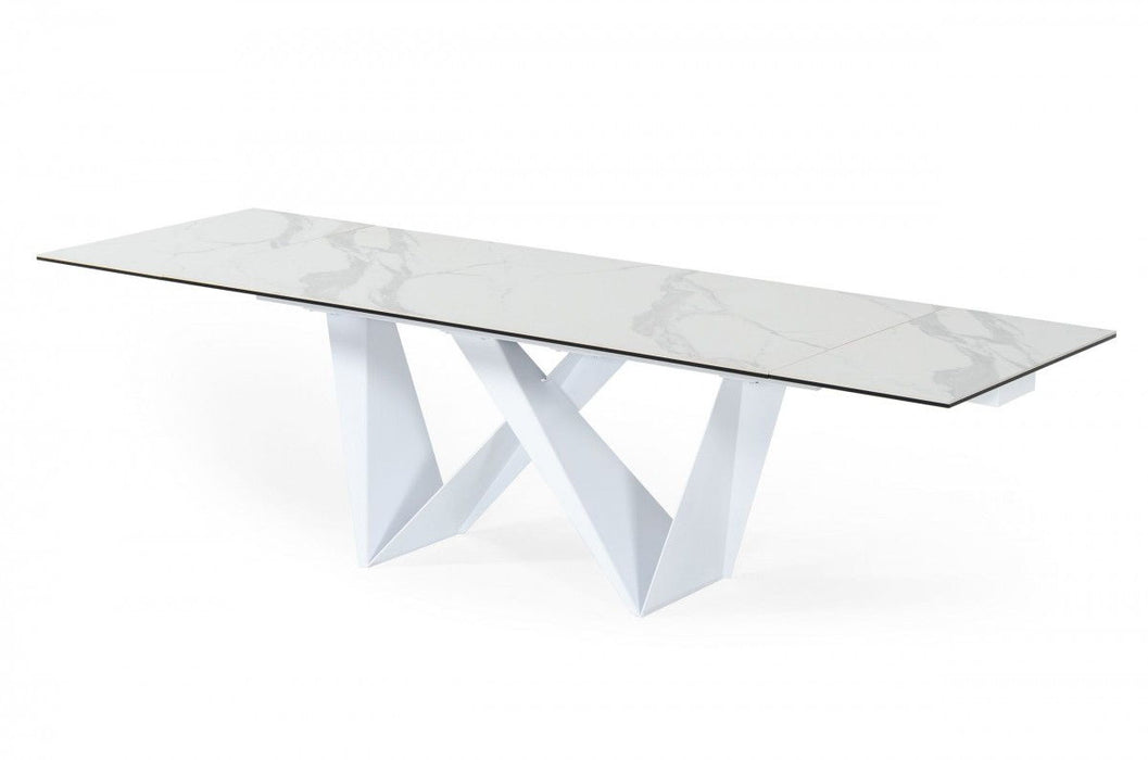 Ceramic Metal Self-Storing Leaf Pedestal Base Extendable Dining Table - White