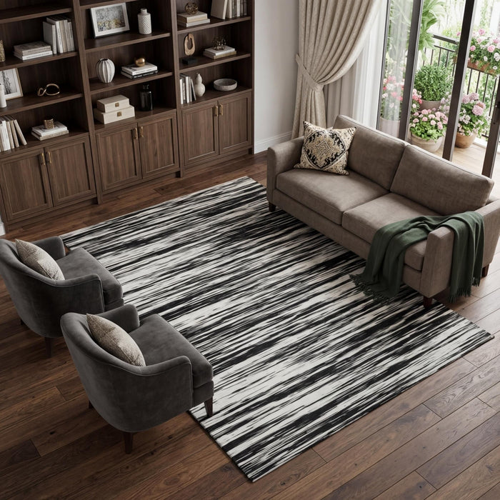 10' X 14' Striped Washable Area Rug With UV Protection (675570) - Black / Ivory