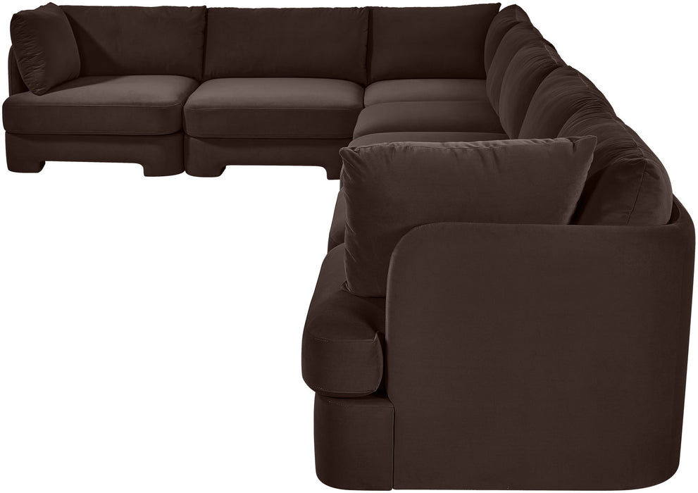 Meridian Furniture Hammond velvet performance fabric 7-piece sectional with plush cushions and modern design in a stylish living room setting.