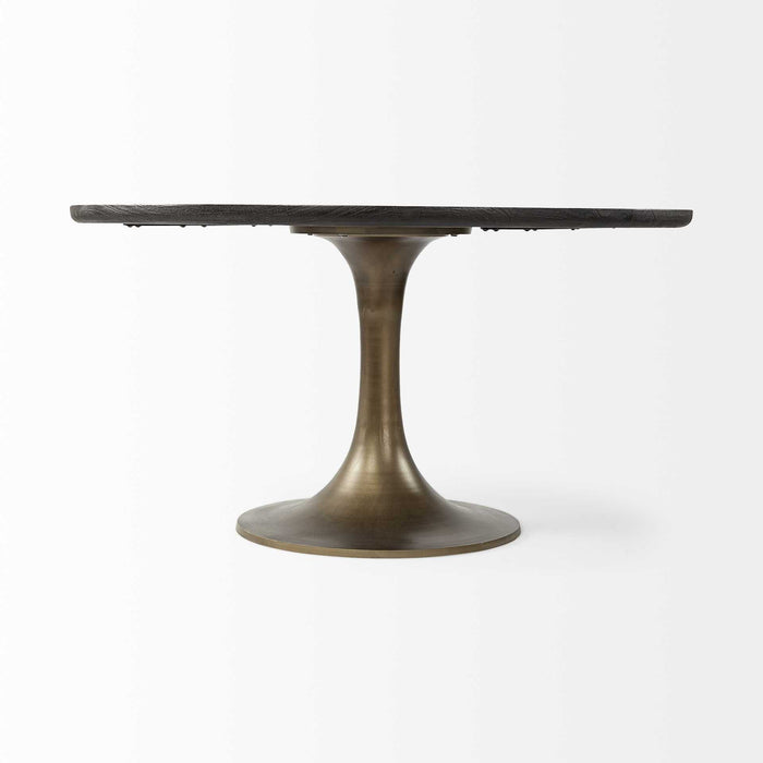 54" Rounded Solid Wood And Metal Pedestal Base Dining Table - Brown