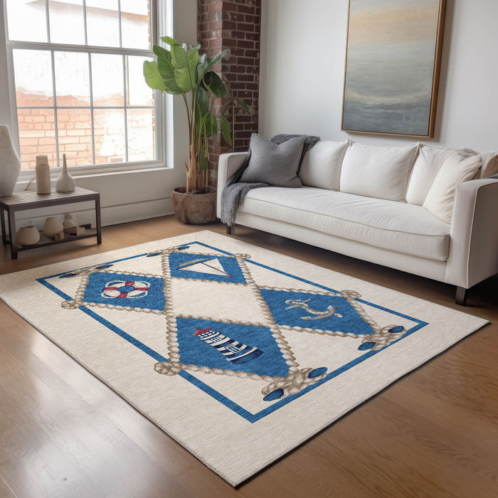 9' X 12' Nautical Washable Area Rug With UV Protection - Ivory And Red