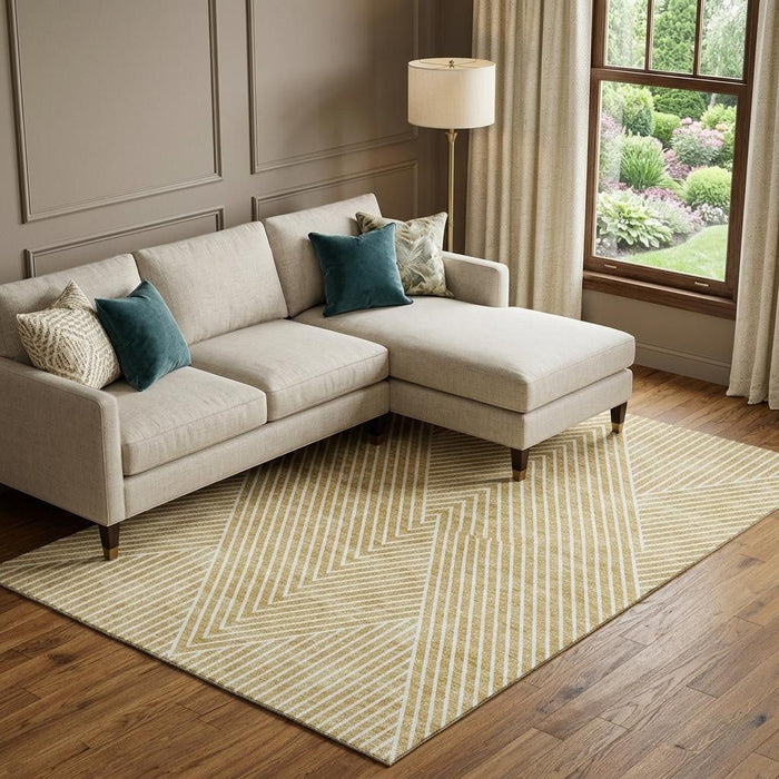10' X 14' Geometric Washable Area Rug With UV Protection (674652) - Gold / Ivory