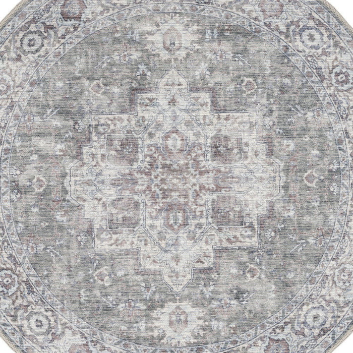 5' Floral Power Loom Worn Faded Round Rug (573537) - Gray