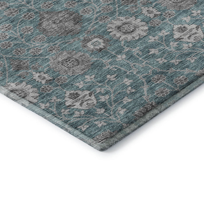 10' X 14' Floral Washable Area Rug With UV Protection (687023) - Teal / Gray / Silver