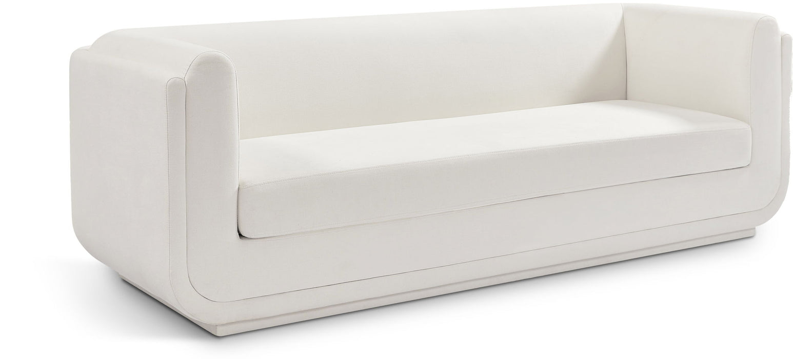 Kimora stationary sofa by Meridian Furniture, featuring plush fabric upholstery, wide armrests, and a modern design.