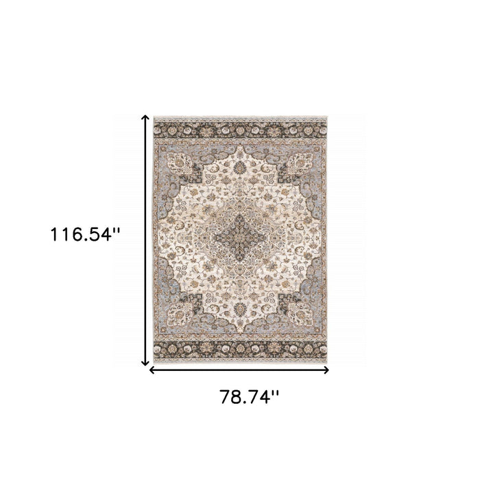 6.6' x 9.7' Oriental Power Loom Stain Resistant Area Rug With Fringe - Ivory And Blue