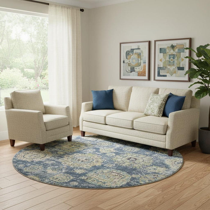 8' Floral Washable Round Rug With UV Protection (653185) - Blue / Ivory / Gold