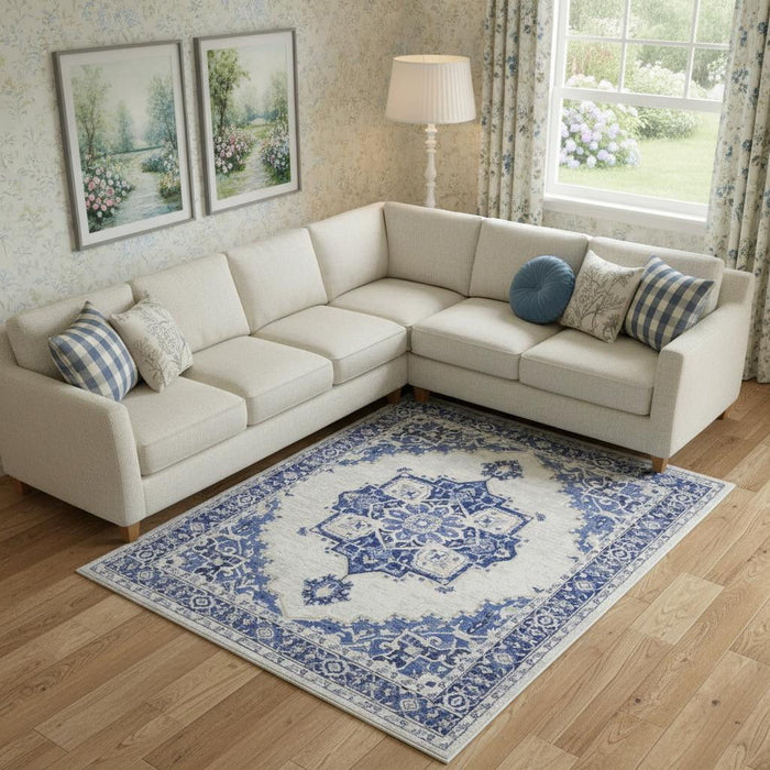 8' X 10' Floral Distressed Area Rug (551047) - Ivory / Blue
