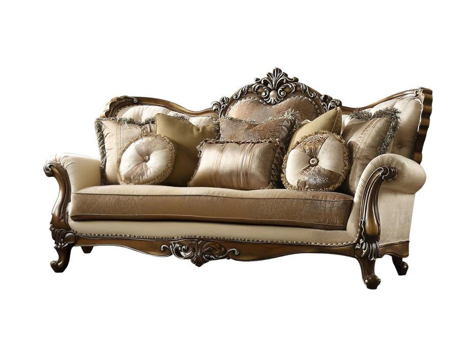 Polyester Blend Curved Floral Sofa And Toss Pillows With Brown Legs - Tan