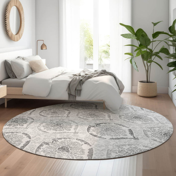 8' Medallion Washable Round Rug With UV Protection - Silver And Gray