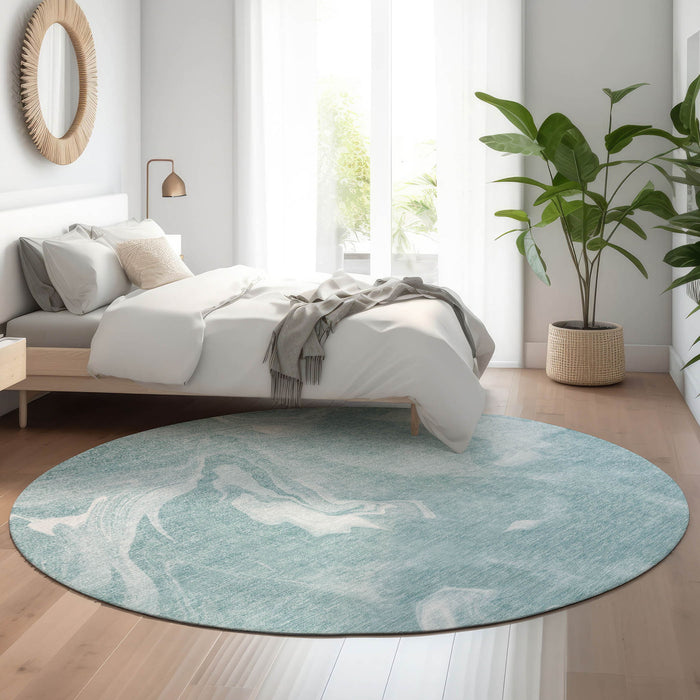 8' Abstract Washable Round Rug With UV Protection - Teal And Ivory