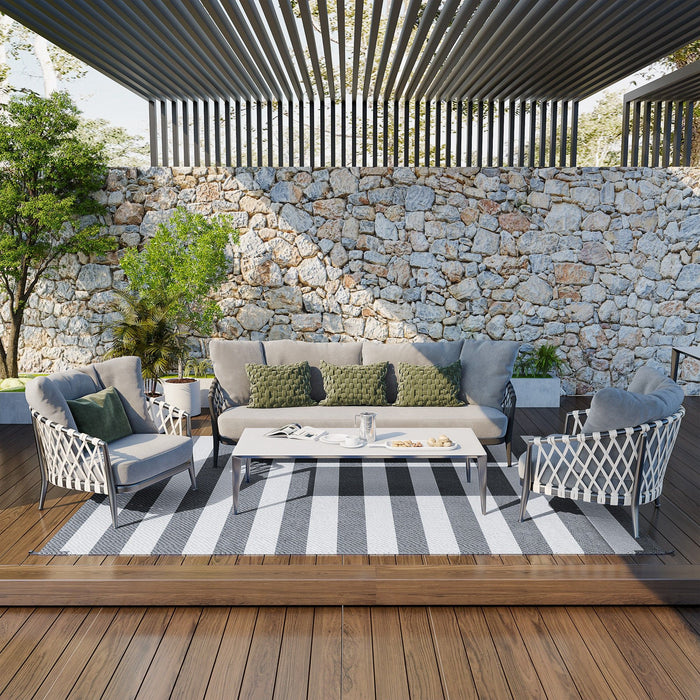 Giga Outsunny reversible outdoor rug, 9' x 12' waterproof plastic straw floor mat with gray and white stripes, suitable for backyard or beach.