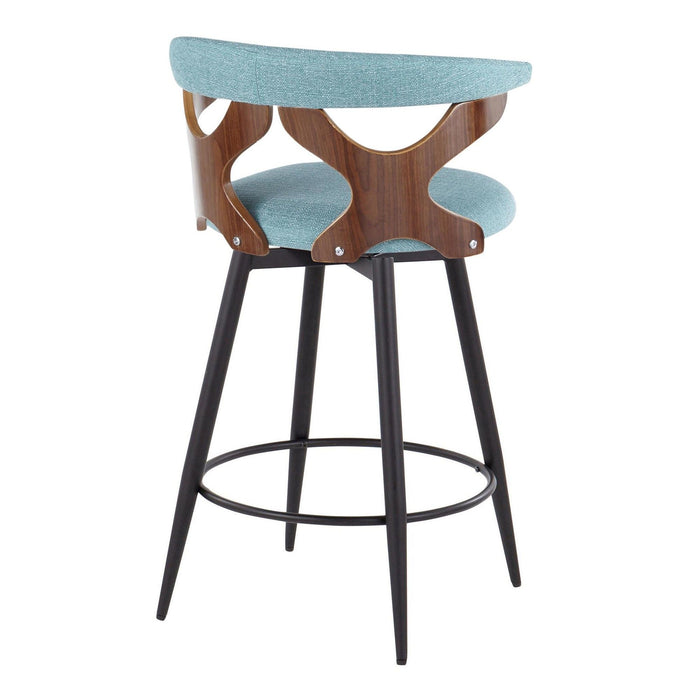 Gardenia - 25" Fixed-Height Counter Stool With Swivel And Rounded Black Metal Footrest (Set of 2) - Black Metal, Walnut Wood