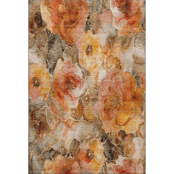 10' X 14' Floral Washable Area Rug With UV Protection (706067) - Orange / Beige / Taupe