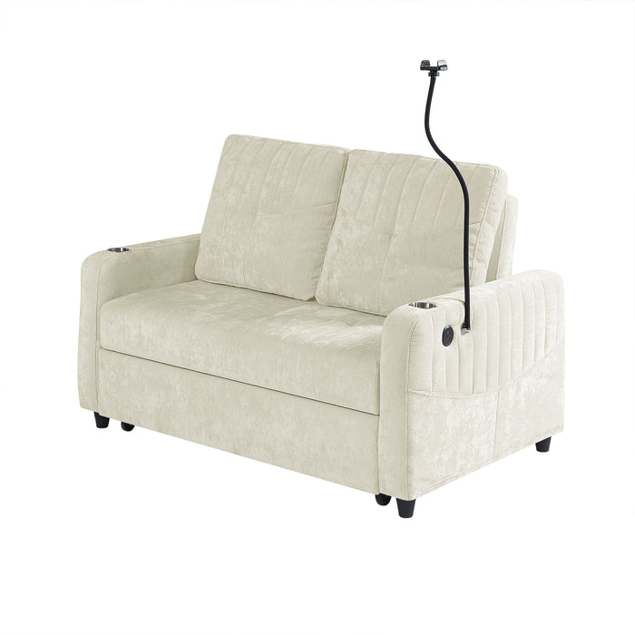 Giga modern loveseat pull-out sofa bed with adjustable backrest, cup holders, phone holder, charging ports, and side storage.
