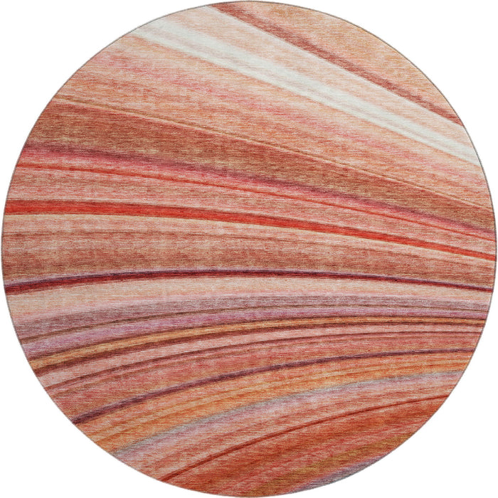 8' Striped Washable Round Rug With UV Protection (650359) - Terra Cotta / Blue / Ivory