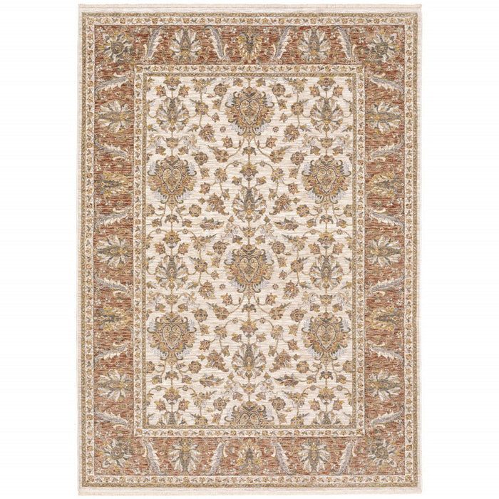 10' x 13' Oriental Power Loom Stain Resistant Area Rug With Fringe - Rust And Ivory