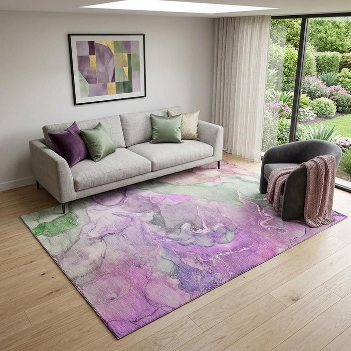 5' X 8' Abstract Washable Area Rug With UV Protection (646496) - Purple / Green / Pink