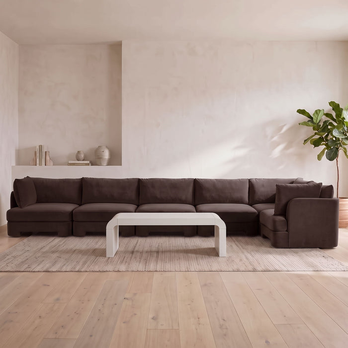 Velvet performance fabric upholstered Meridian Furniture 6-piece L-shaped sectional sofa for living room seating.