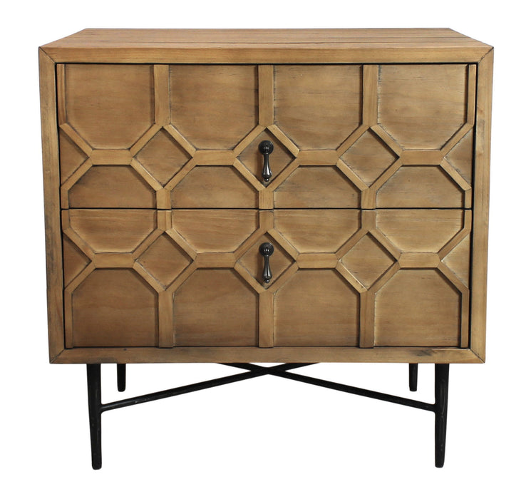 28" Two Drawer Distressed Carved Geometric Solid Wood Nightstand - Natural