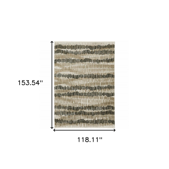10' x 13' Abstract Power Loom Stain Resistant Area Rug With Fringe - Beige Ivory Charcoal Brown Tan And Gray