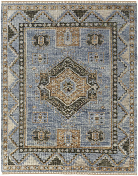 5' x 8' Wool Oriental Hand Knotted Area Rug With Fringe - Ivory Tan And Blue