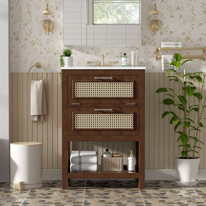 Modern Giga bathroom vanity with integrated sink, featuring a deep drawer and a tip-out drawer for stylish storage.