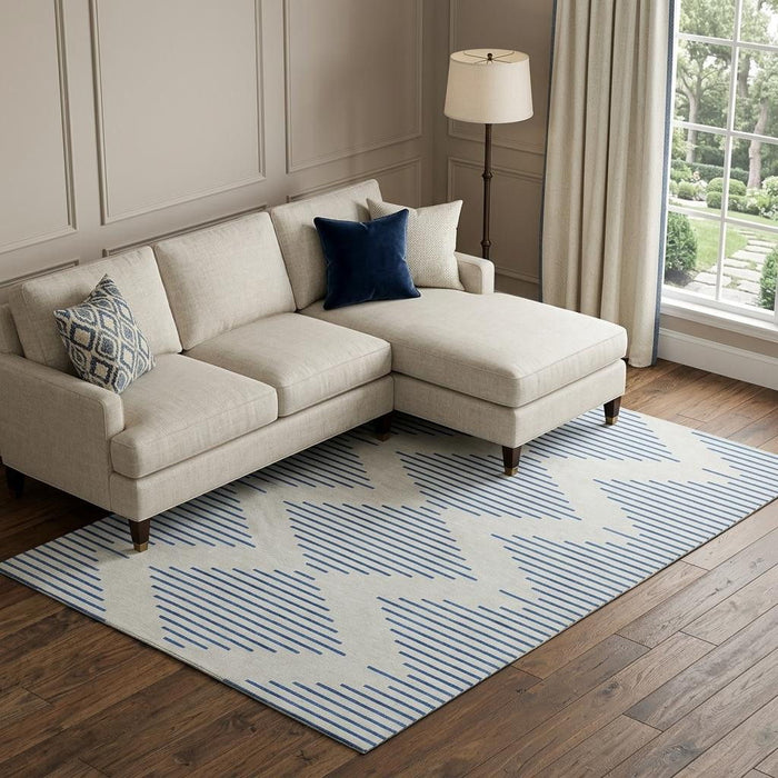 10' X 14' Geometric Washable Area Rug With UV Protection (679828) - Ivory / Navy Blue