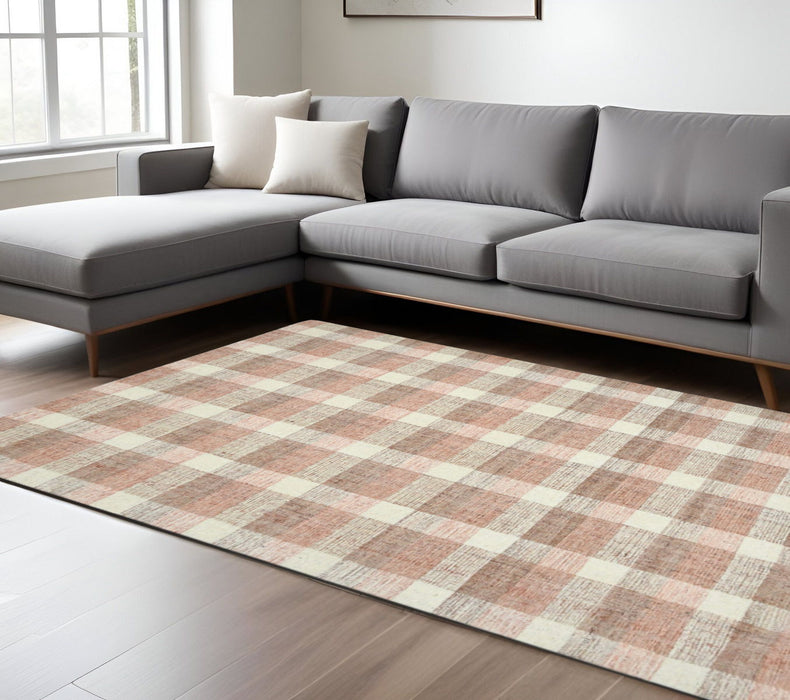 8' X 10' Wool Plaid Hand Tufted Area Rug - Pink And Ivory