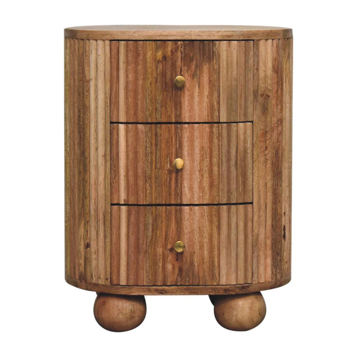 23" Solid Wood Ribbed Texturere Round Three Drawer Nightstand - Natural