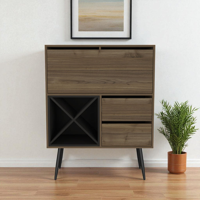 46" Wood Console Bar Cabinet With Single Door And Two Drawers - Dark Brown And Black