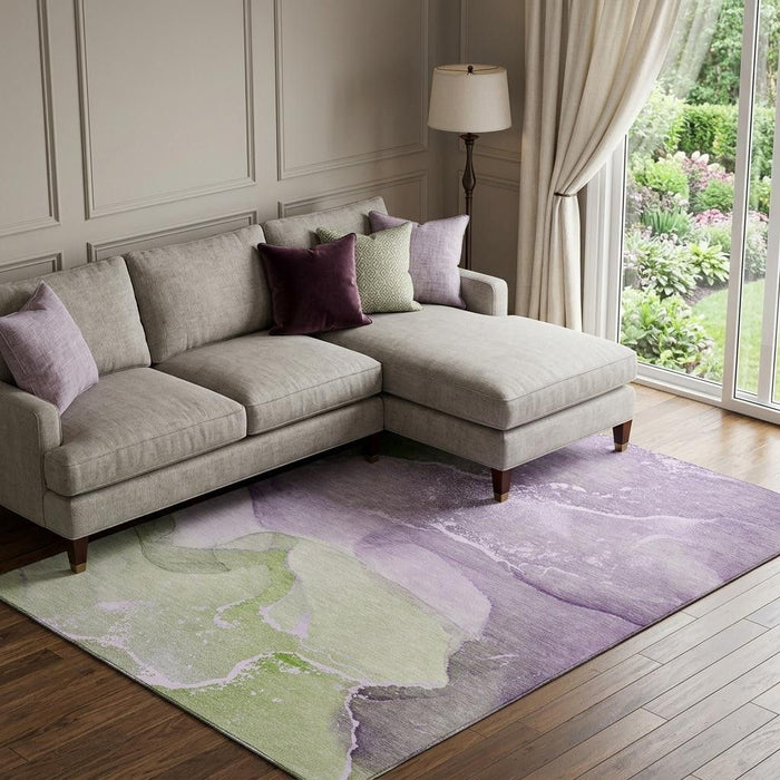 9' X 12' Abstract Washable Area Rug With UV Protection (647211) - Purple / Green / Ivory