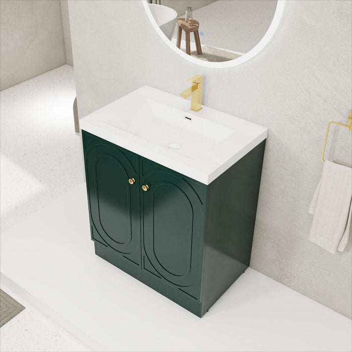 Contemporary Giga freestanding bathroom vanity with resin sink and soft-close cabinet doors, featuring modern design and sleek finish.