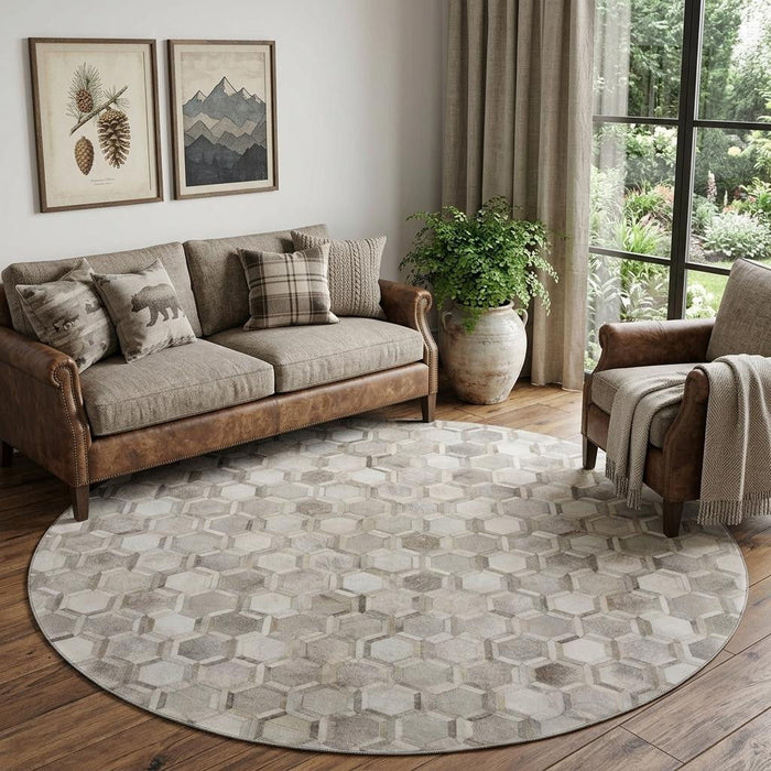 8' Geometric Washable Round Rug With UV Protection (644631) - Gray / Ivory / Beige