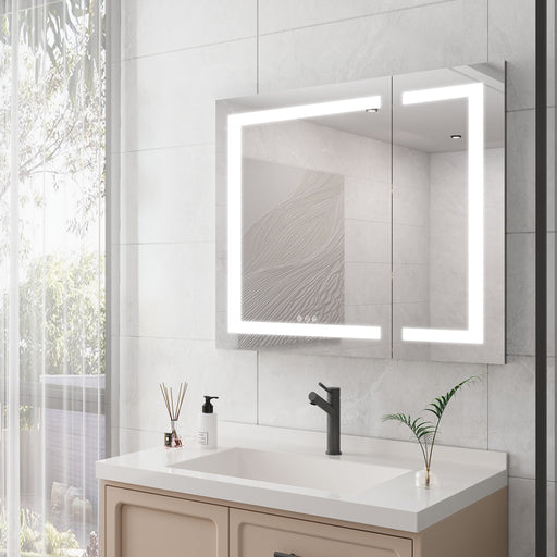Giga 36x30-inch silver medicine cabinet with LED vanity mirror, anti-fog, touch switch, double doors, large storage, bright lighting