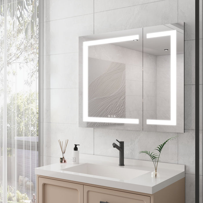 Giga 36x30-inch silver medicine cabinet with LED vanity mirror, anti-fog, touch switch, double doors, large storage, bright lighting