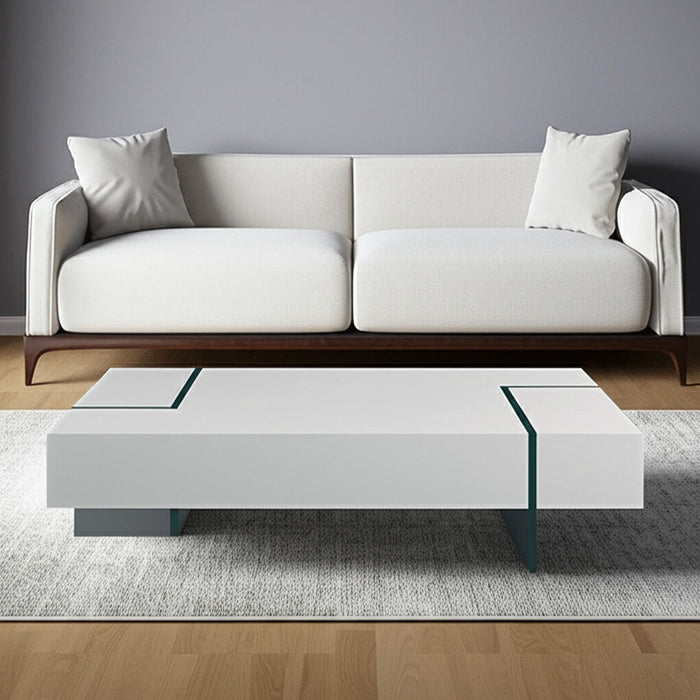 53" Wood And Glass Sled Coffee Table - White / Clear