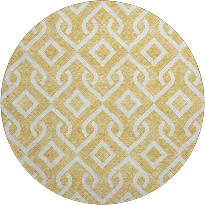 8' Geometric Washable Round Rug With UV Protection (652506) - Gold / Ivory