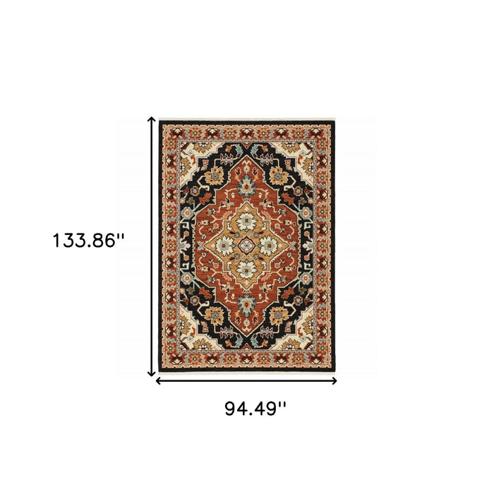 8' x 11' Oriental Power Loom Stain Resistant Area Rug With Fringe - Black Orange And Beige